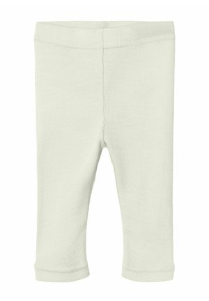 Leggings pour bébé en tricot côtelé beige clair, avec une taille élastique et des poignets droits, sur un fond blanc.