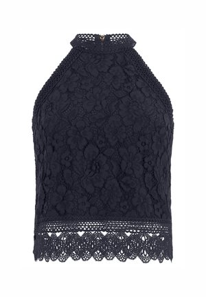 Haut court à col licou en dentelle noire avec motif floral et bordure en dentelle festonnée au bas et à l'encolure.