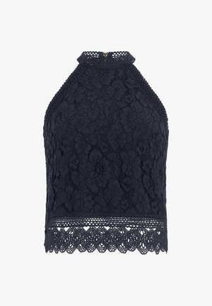 Haut court à col licou en dentelle noire avec motif floral et bordure en dentelle festonnée au bas et à l'encolure.