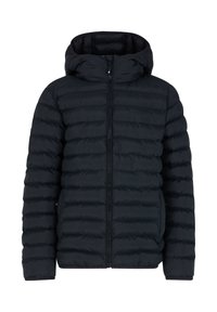 Chaqueta de plumas negra con cierre de cremallera, capucha y paneles horizontales cosidos. Textura suave, material ligero, adecuado para el clima frío.