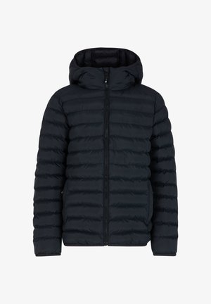 Schwarze Puffjacke mit Reißverschluss, Kapuze und gesteppten horizontalen Nähten. Glatte Textur, leichtes Material, geeignet für kaltes Wetter.
