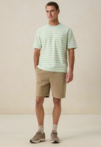 T-shirt à rayures vert clair avec des manches courtes, shorts beiges et baskets grises. Présente une coupe décontractée et un design simple.