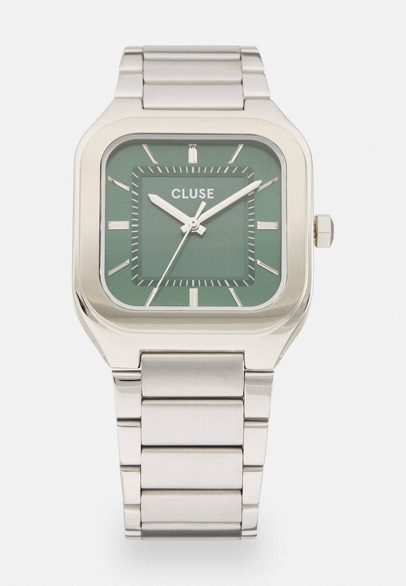 Square silver metal watch with a green dial. Features white hour markers, silver hands, and a stainless steel link bracelet.