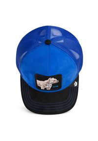 Blue cap with suede front and mesh back, black brim, featuring a dog embroidery patch and blue stitching details. Flex design.