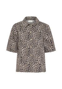 Camicetta a maniche corte con colletto color beige a fantasia leopardata nera. Presenta bottoni dorati lungo la parte anteriore e un design dalla vestibilità rilassata.