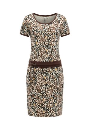 Kortermet knelangs kjole med flerfarget dyreprint, brun kant rundt halslinningen og midjen, og et dekorativt slips i midjen.