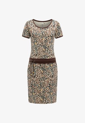Knieumspielendes Kleid mit kurzen Ärmeln und mehrfarbigem Animal-Print, braune Einfassung am Ausschnitt und an der Taille sowie eine dekorative Schleife an der Taille.