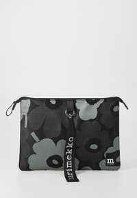 Black and gray floral-patterned pouch with a zipper, textile material, strap detail, and a logo tag. Rectangular shape, smooth texture.