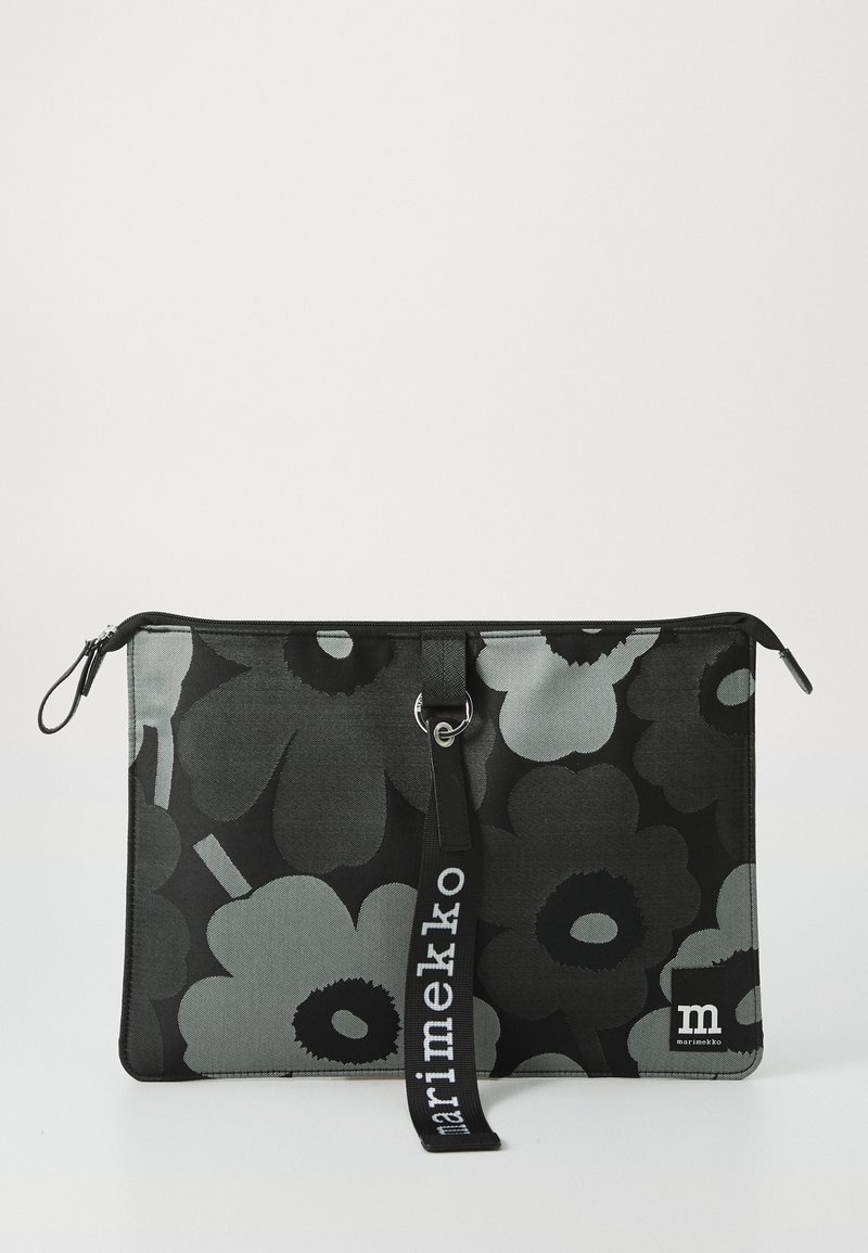 Black and gray floral-patterned pouch with a zipper, textile material, strap detail, and a logo tag. Rectangular shape, smooth texture.