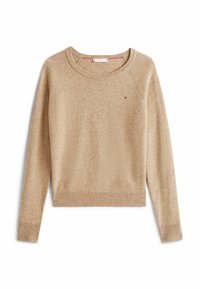 Beżowy sweter z długim rękawem, okrągłym dekoltem, ściągaczami przy rękawach i u dołu oraz małym haftowanym logo na piersi. Miękka tekstura.