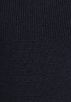 Gebreide trui in donkermarineblauw met een geribbeld structuur en een horizontaal streepjespatroon; flexibele stof met een gladde afwerking.