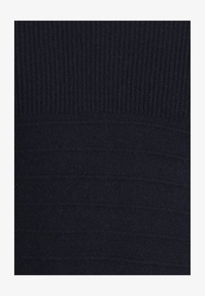 Gebreide trui in donkermarineblauw met een geribbeld structuur en een horizontaal streepjespatroon; flexibele stof met een gladde afwerking.