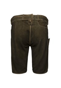 Brown leather shorts with a smooth texture, front pockets, a belt loop, and a side pocket, featuring reinforced stitching and a zipper closure.