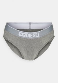 Grå bomuldsbrief med en hvid og grå elastisk talje, der har "DIESEL" branding. Glat tekstur og klassisk skærsdesign.