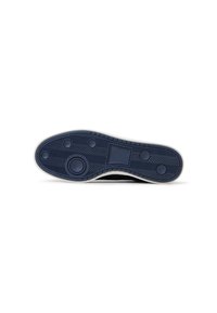 Suela de zapato de goma azul con un patrón de espiga texturizado, acentos circulares y un ligero borde blanco alrededor del borde.