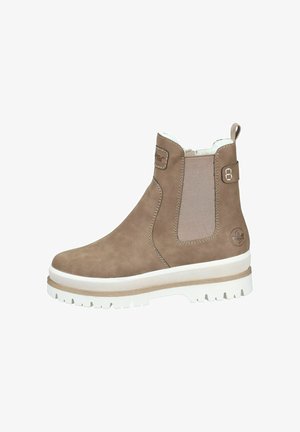 Botte de cheville en suede marron avec des panneaux latéraux élastiques, semelle en caoutchouc blanche, bout rond et coutures proéminentes. Accentuée par un patch logo.