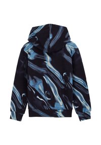 Hooded sweatshirt v modro-svetlobelem vrtinčastem vzorcu, narejen iz mehke tkanine z enostavnim robom in manšetami; vsebuje kenguru žep.