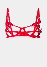 Red bra with a geometric design, featuring satin straps, floral lace accents, and gold-tone hardware for fastening.