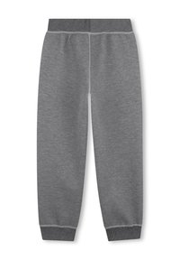 Gray sweatpants made of soft fabric, featuring a ribbed waistband and cuffed hems, with contrasting stitching along the seams.