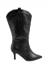 Mustat nahka nilkkasaappaat, joissa on terävä kärki, korkea stiletto-korko ja sileä pinta. Omistaa pystysaumasuunnittelun ja nilkkakorkeuden.