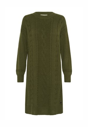 Knit sweater dress in dark olive green featuring cable knit patterns, a crew neckline, long sleeves, and ribbed cuffs.