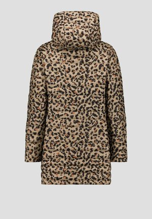 Cappotto imbottito con motivo leopardato nei colori tan, nero e ruggine. Presenta un cappuccio, maniche lunghe e una linea dritta.