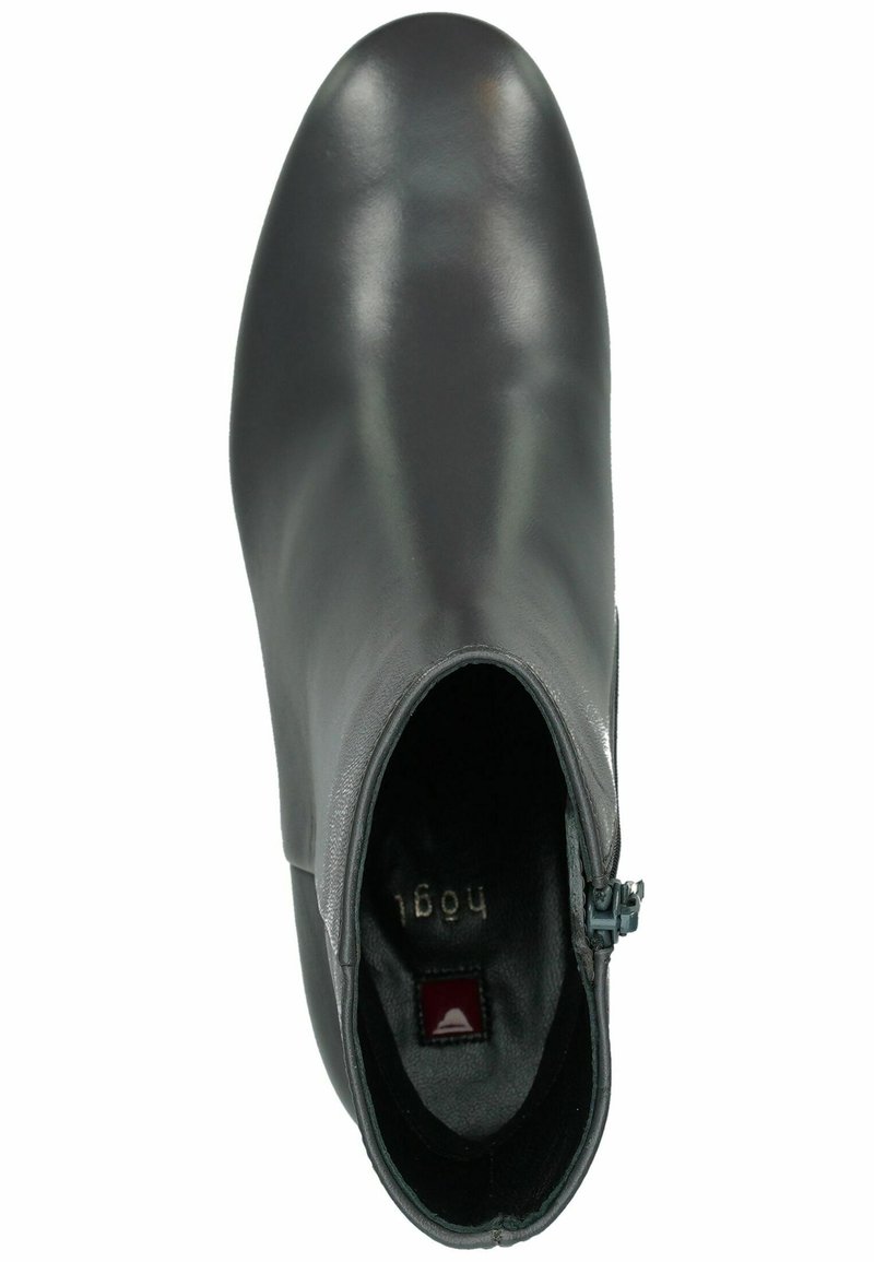 Szare skórzane botki za kostkę o eleganckim designie, z zamkiem błyskawicznym, okrągłym noskiem i gładką fakturą, z czarną podszewką wewnętrzną.