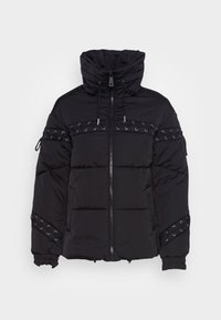 Giacca piumino nera con colletto alto, zip frontale e dettagli decorativi con occhielli sulle spalle e sulle maniche.