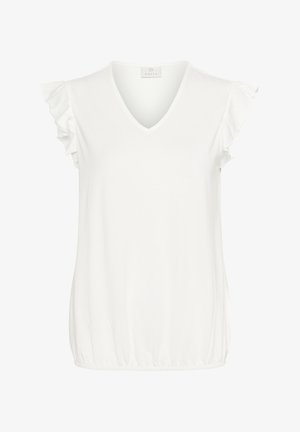 Top bianco a maniche corte realizzato in tessuto morbido, con scollatura a V, maniche arricciate e orlo arricciato per una vestibilità rilassata.