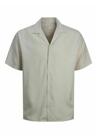 Short-sleeve beige button-up shirt with a notched collar, smooth texture, and front placket featuring six buttons.
