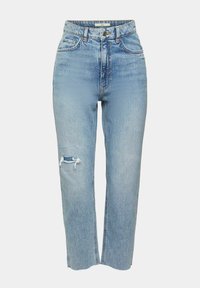 Jean bleu clair taille haute à jambes droites, avec bouton et fermeture éclair à l'avant, cinq poches, et une déchirure usée sur la cuisse gauche.