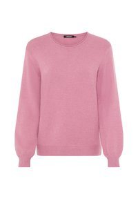 Helles rosa Sweatshirt mit langen, locker sitzenden Ärmeln und einem gerippten Saum. Hergestellt aus einem weichen Stoff, mit rundem Ausschnitt und ohne zusätzliche Akzente.