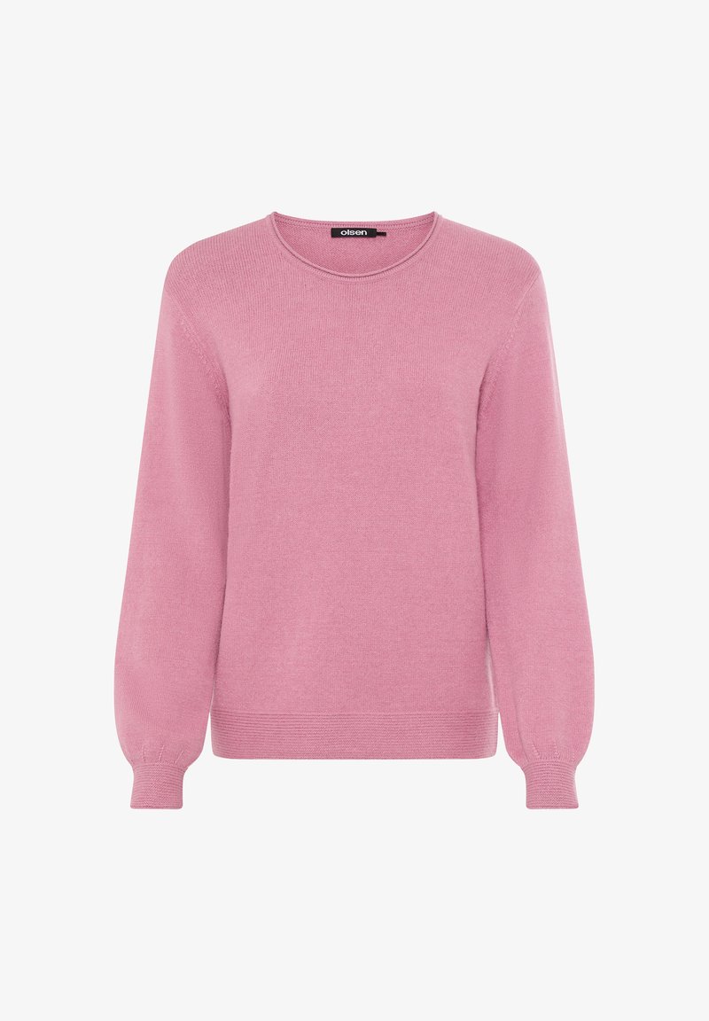 Helles rosa Sweatshirt mit langen, locker sitzenden Ärmeln und einem gerippten Saum. Hergestellt aus einem weichen Stoff, mit rundem Ausschnitt und ohne zusätzliche Akzente.