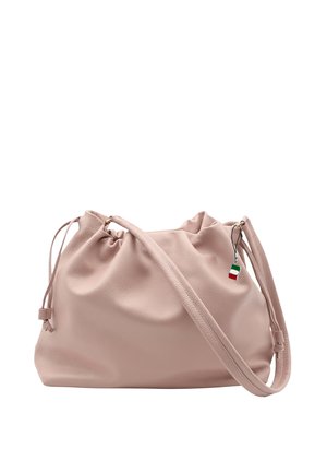 Soft pink leather shoulder bag with a drawstring top and a small charm featuring the Italian flag colors hanging from one side.