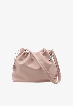 Weiche rosa Leder-Schultertasche mit einem Zugband oben und einem kleinen Anhänger mit den Farben der italienischen Flagge, der an einer Seite hängt.