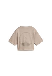 Beige short-sleeve T-shirt with a relaxed fit, featuring a circular graphic and text on the back against a smooth, textured fabric.