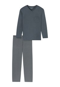 Graues langärmeliges V-Ausschnitt-Shirt mit Brusttasche, kombiniert mit gemusterten grauen Pyjamahosen mit einem Rautenmuster. Weicher Stoff.