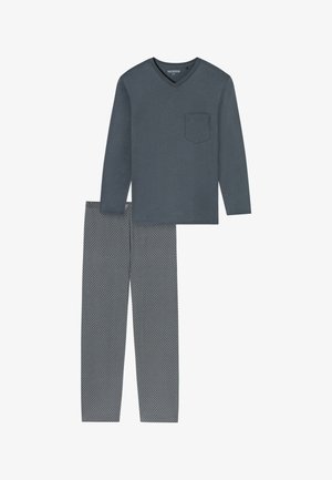 Grijze lange mouwen V-halstop met een borstzak, gecombineerd met gestreepte grijze pyjamabroek met een ruitmotief. Zachte stoffen textuur.