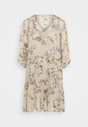 Floral print dress in cream with brown and gold accents; features a V-neck, three-quarter sleeves, and a tiered skirt design.
