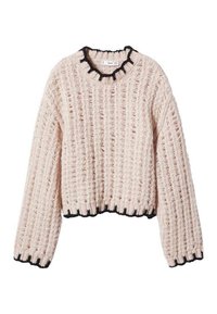 Maglione lavorato a maglia rosa chiaro con un motivo testurizzato, rifiniture nere a forma di scallop all'collo e all'orlo, e maniche ampie.