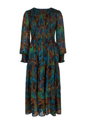 Robe midi à manches longues avec corsage smocké et jupe à volants, en tissu à motifs abstraits bleus, verts et marron.