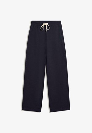 Pantaloni a gamba larga blu navy in tessuto morbido, con vita elasticizzata e coulisse color crema, senza tasche visibili.