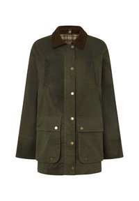 Veste olive avec un col en velours côtelé, boutons en métal doré et deux poches avant. Présente une doublure à carreaux et une coupe droite.