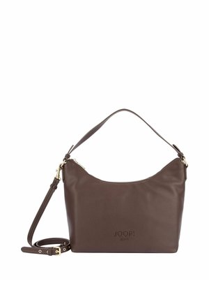 Borsa a tracolla in pelle marrone scuro con logo JOOP! Jeans impresso a rilievo, manico superiore e tracolla removibile e regolabile con dettagli in metallo dorato.