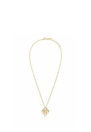 Collier chaîne en or avec quatre perles ovales disposées en forme de croix, chaque perle entourée d'un délicat cadre en or.