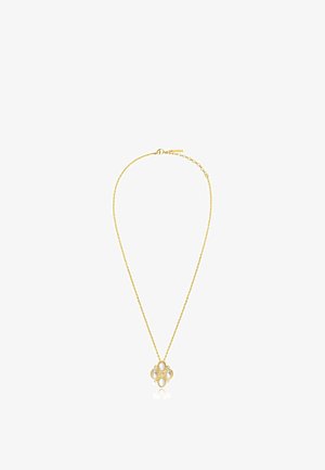 Collier chaîne en or avec quatre perles ovales disposées en forme de croix, chaque perle entourée d'un délicat cadre en or.