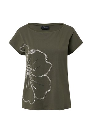 Olive green short-sleeve t-shirt with wide neckline, featuring a large silver sequin floral design on the left side.