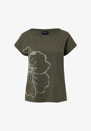 Olive green short-sleeve t-shirt with wide neckline, featuring a large silver sequin floral design on the left side.