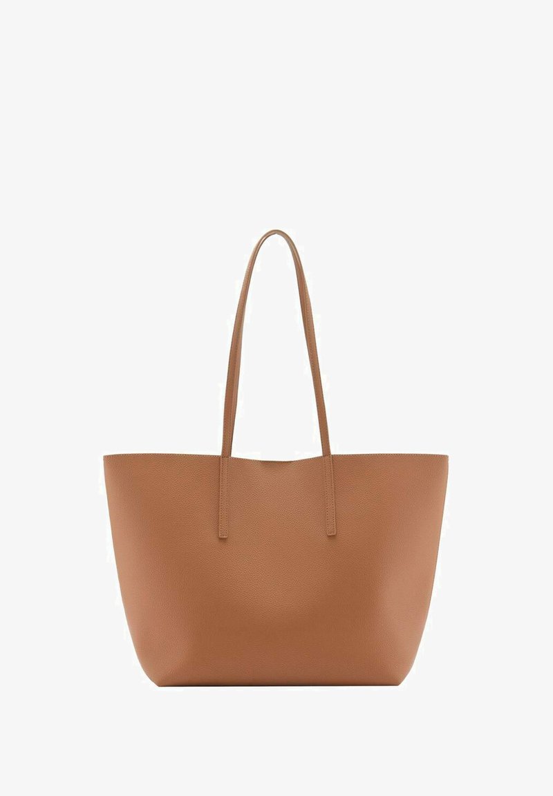Tan leather tote bag with a structured, open top design. Features two long, flat handles and a textured surface. No visible hardware or accents.