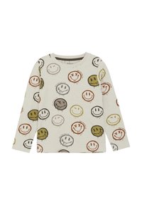 Langärmliges, hellgraues Oberteil mit mehrfarbigen Smiley-Gesichtsdrucken in verschiedenen Ausdrücken. Hergestellt aus weichem Baumwollstoff. Rundhalsausschnitt.